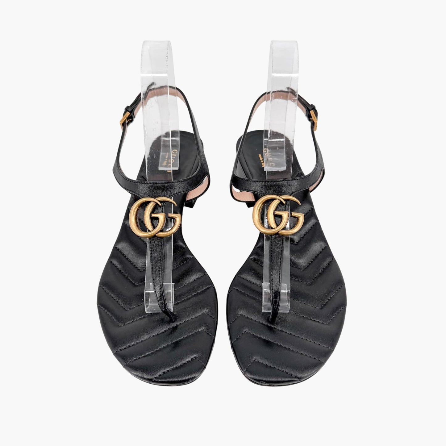 Gucci Marmont GG T-Strap Block Heel Sandals Black Size 39.5