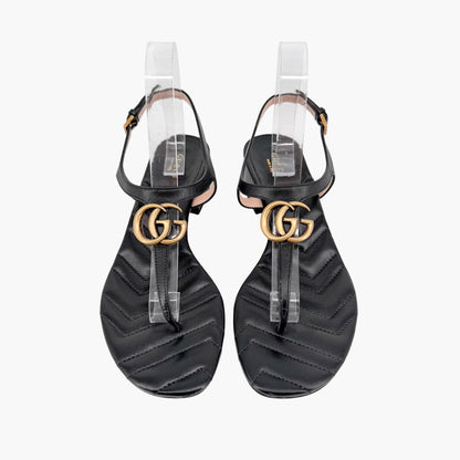 Gucci Marmont GG T-Strap Block Heel Sandals Black Size 39.5