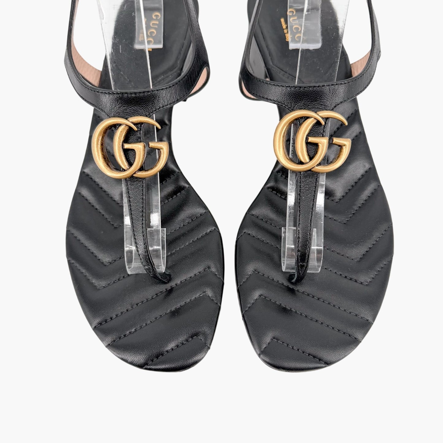 Gucci Marmont GG T-Strap Block Heel Sandals Black Size 39.5