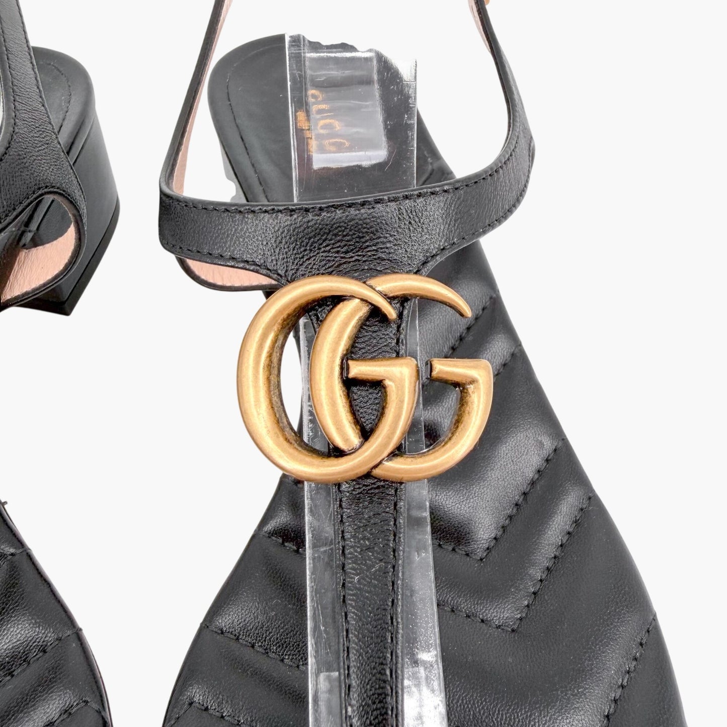 Gucci Marmont GG T-Strap Block Heel Sandals Black Size 39.5