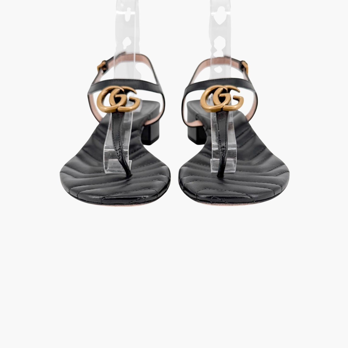 Gucci Marmont GG T-Strap Block Heel Sandals Black Size 39.5