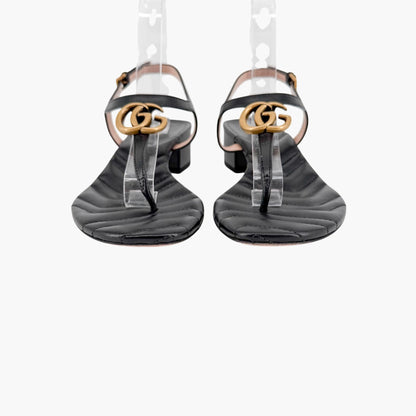 Gucci Marmont GG T-Strap Block Heel Sandals Black Size 39.5
