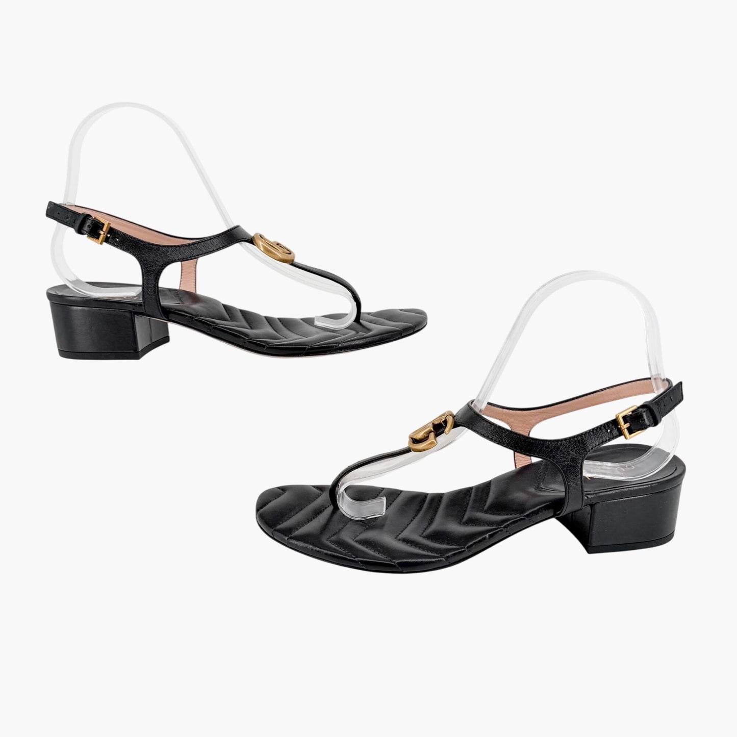 Gucci Marmont GG T-Strap Block Heel Sandals Black Size 39.5