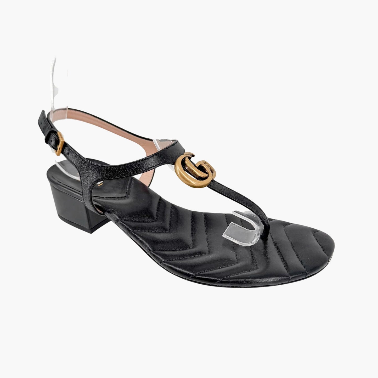 Gucci Marmont GG T-Strap Block Heel Sandals Black Size 39.5