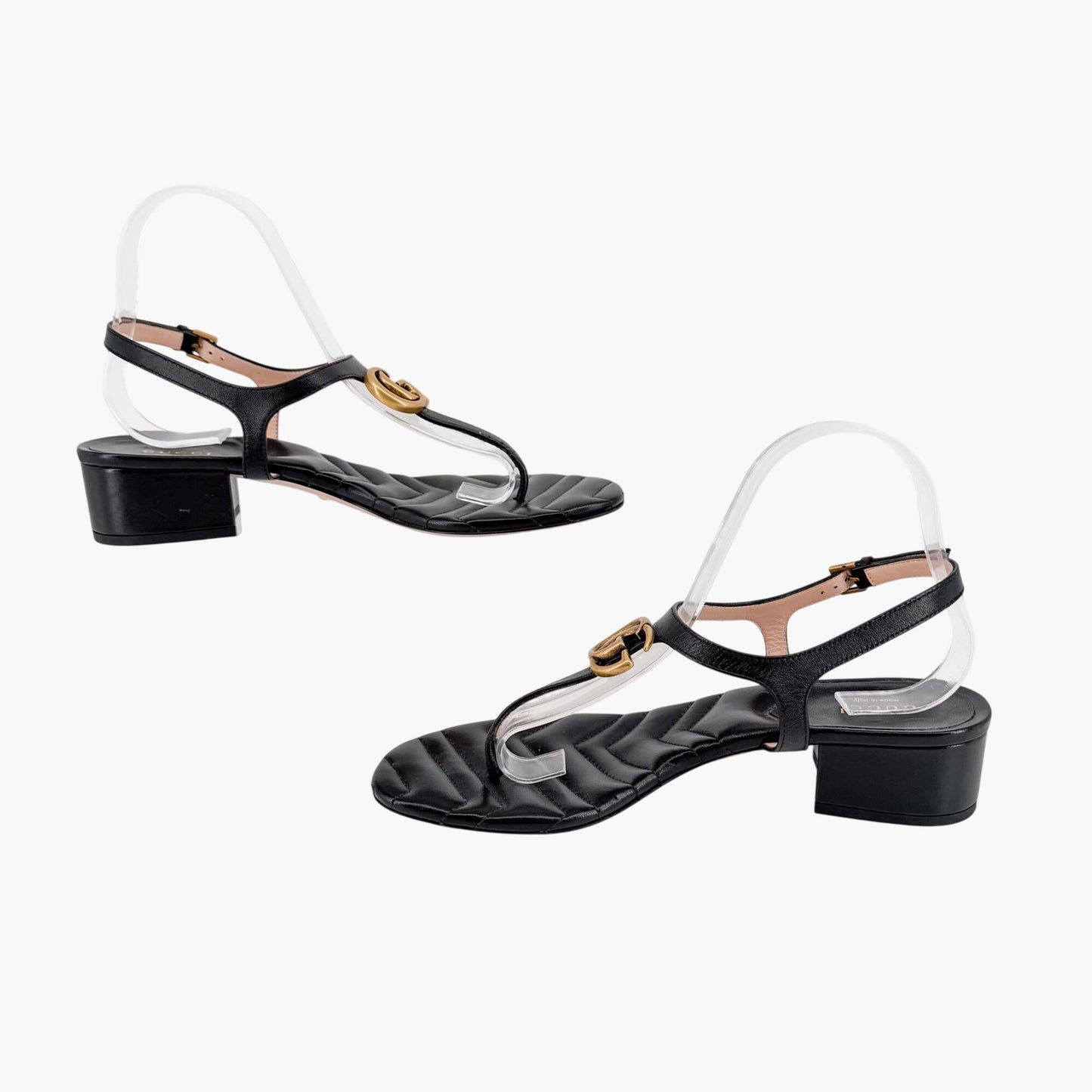 Gucci Marmont GG T-Strap Block Heel Sandals Black Size 39.5