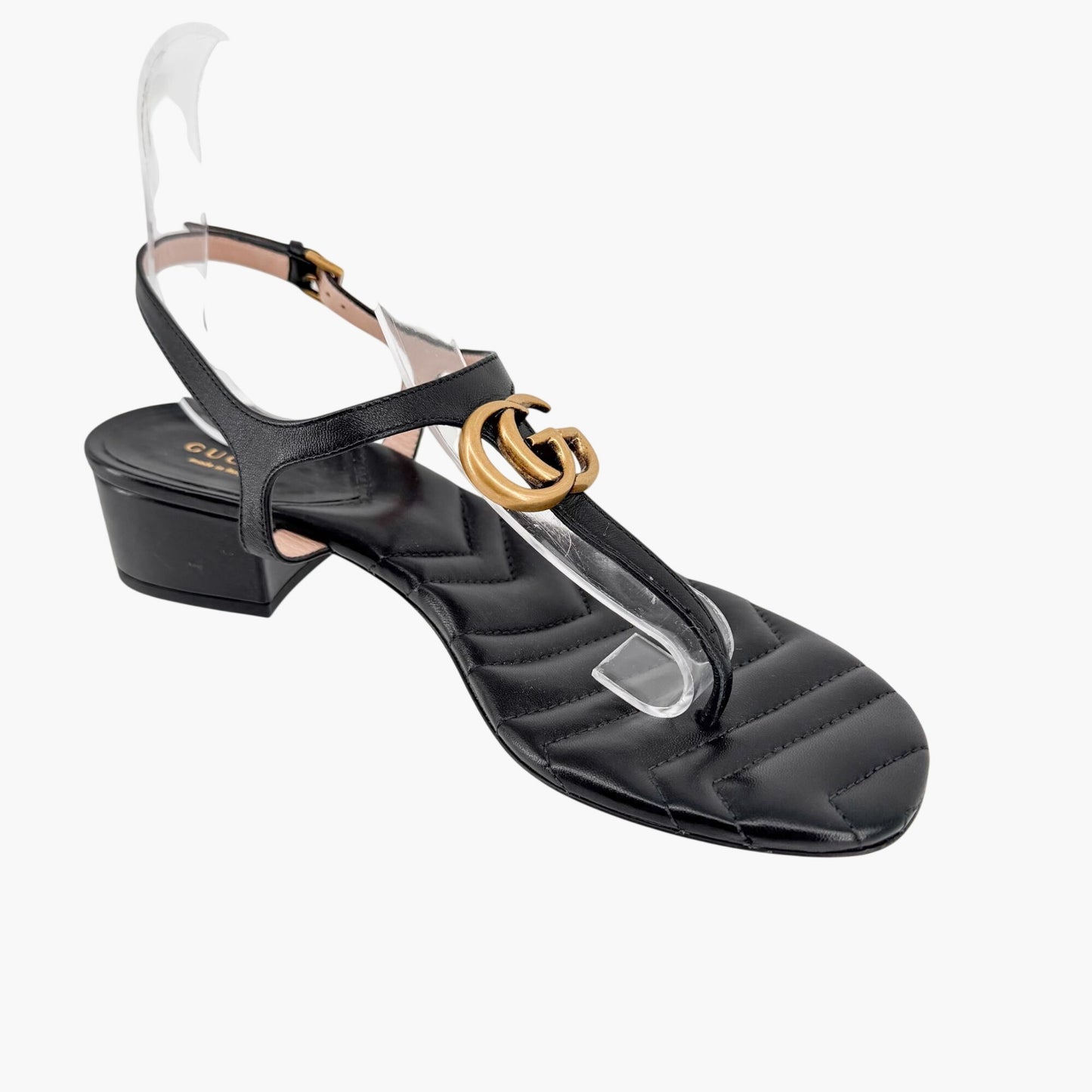 Gucci Marmont GG T-Strap Block Heel Sandals Black Size 39.5