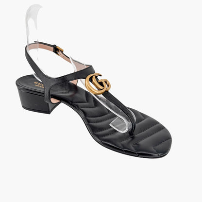 Gucci Marmont GG T-Strap Block Heel Sandals Black Size 39.5
