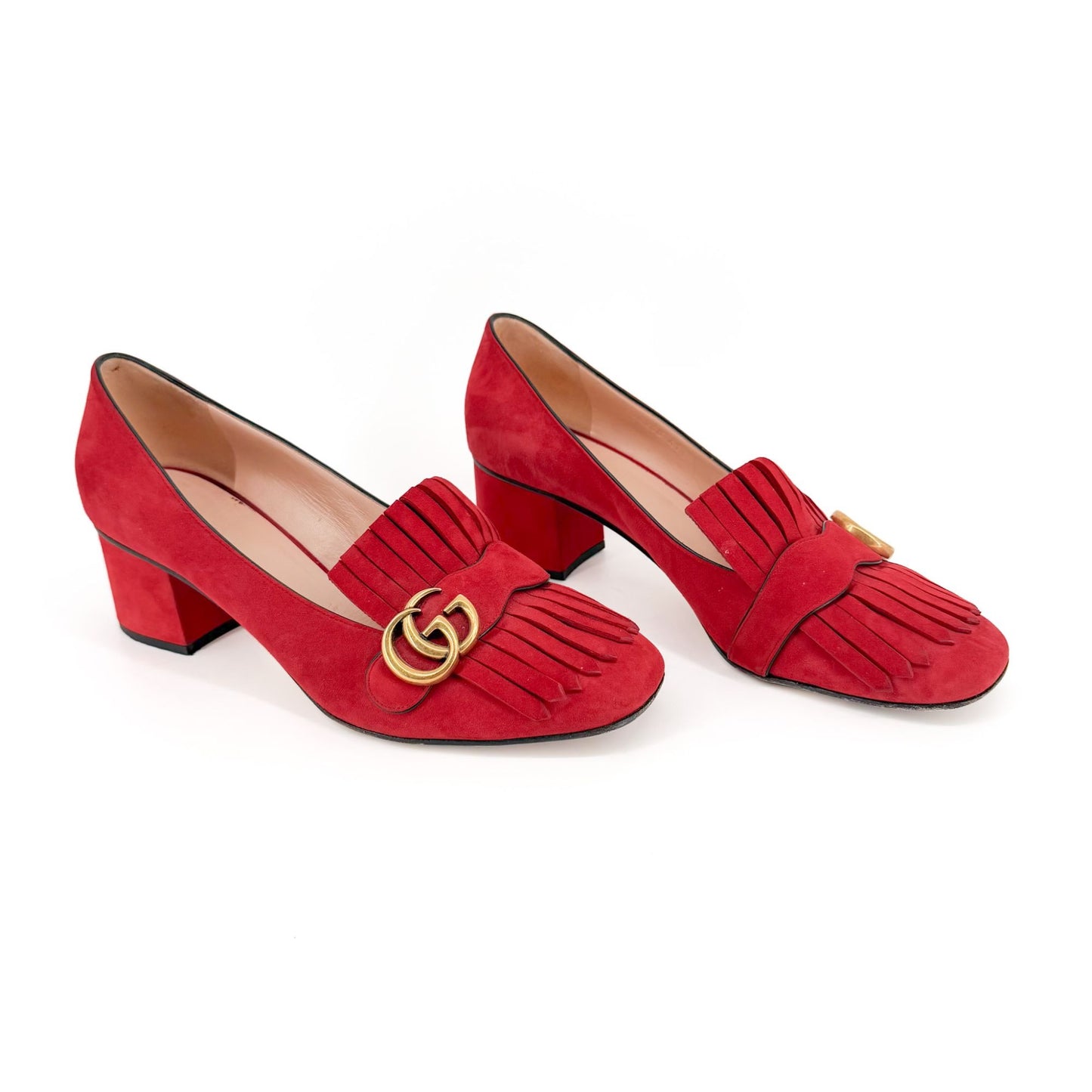 Gucci GG Marmont Fringe Loafer Pumps Red Suede Size 41.5
