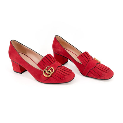 Gucci GG Marmont Fringe Loafer Pumps Red Suede Size 41.5