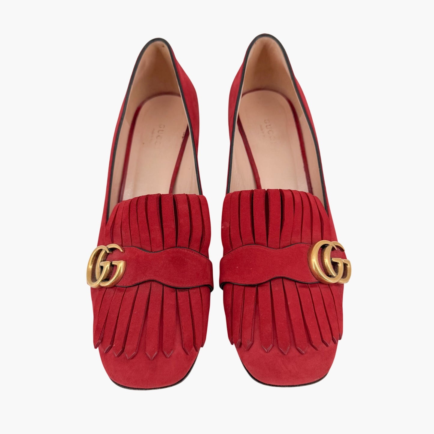Gucci GG Marmont Fringe Loafer Pumps Red Suede Size 41.5