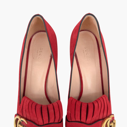 Gucci GG Marmont Fringe Loafer Pumps Red Suede Size 41.5