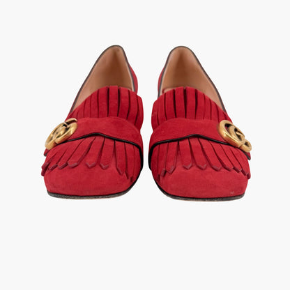 Gucci GG Marmont Fringe Loafer Pumps Red Suede Size 41.5