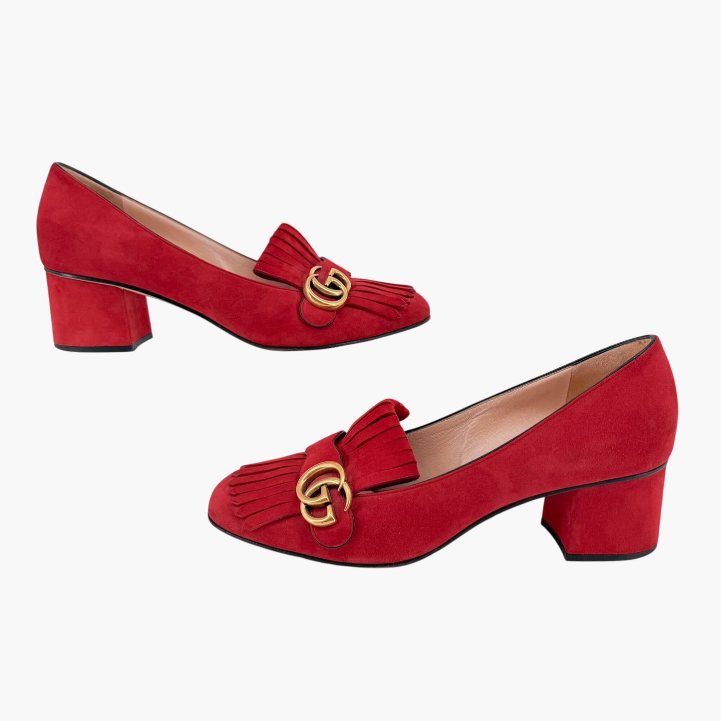 Gucci GG Marmont Fringe Loafer Pumps Red Suede Size 41.5
