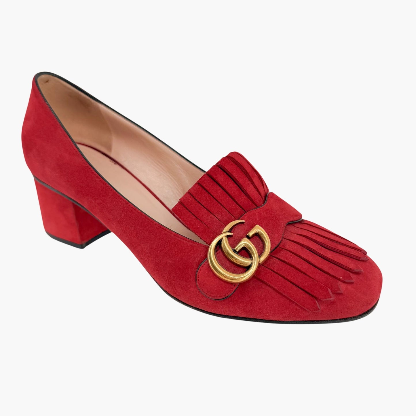 Gucci GG Marmont Fringe Loafer Pumps Red Suede Size 41.5