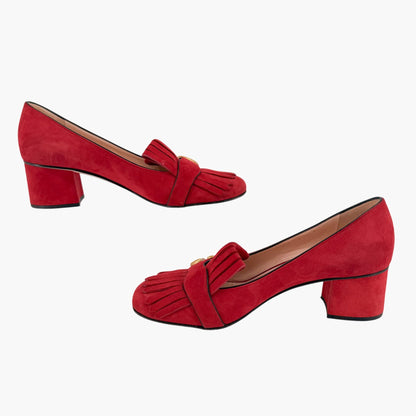 Gucci GG Marmont Fringe Loafer Pumps Red Suede Size 41.5