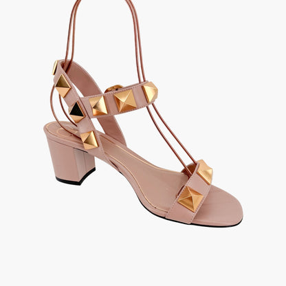 Valentino Garavani Roman Stud Block Heel Sandals in Beige Leather – Size 37