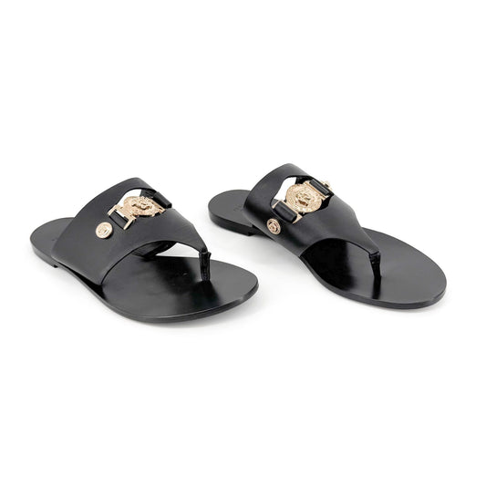 Versace Medusa Cutout Flat Thong Sandals in Black Leather Size 37.5