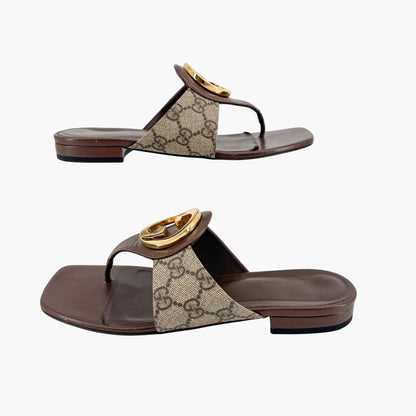 Gucci Blondie GG Canvas Thong Sandals in Beige & Brown – Size 37