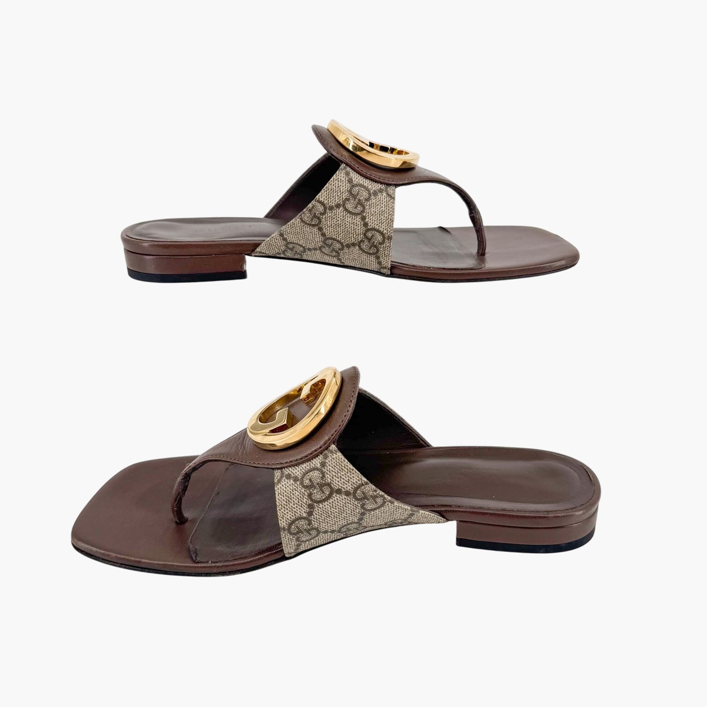 Gucci Blondie GG Canvas Thong Sandals in Beige & Brown – Size 37