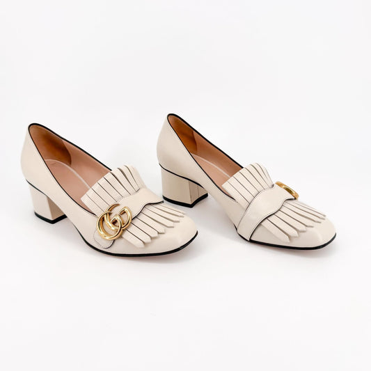 Gucci Marmont GG Fringe Loafer Pumps in White Leather – Size 37.5