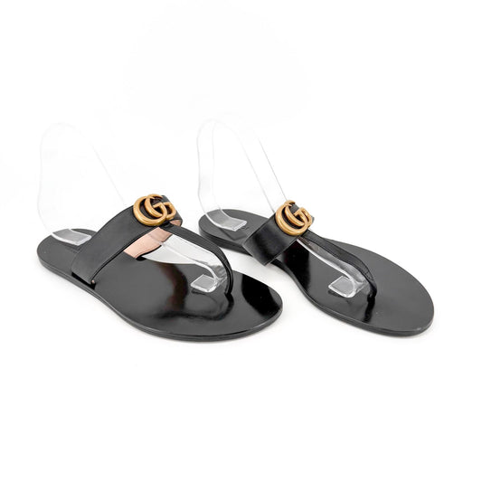 Gucci Marmont GG Thong Sandals Black Leather Size 39.5