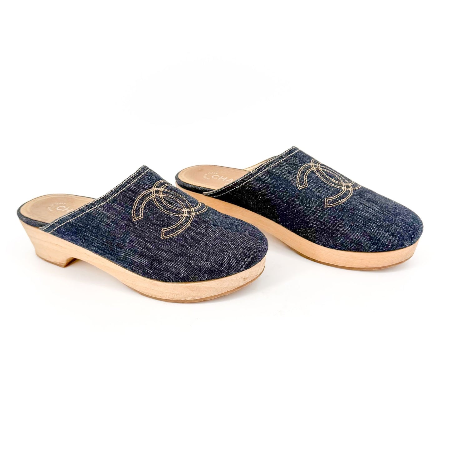 Chanel Denim CC Clogs Blue Platform Size 41