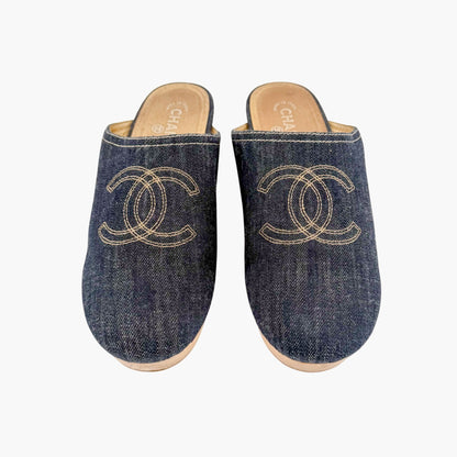 Chanel Denim CC Clogs Blue Platform Size 41