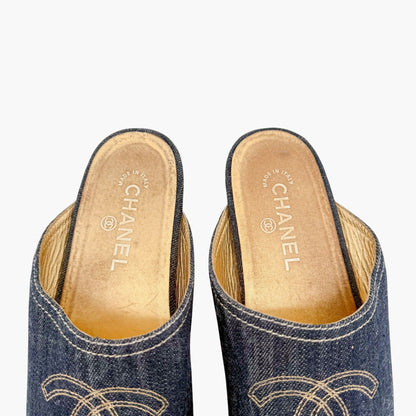 Chanel Denim CC Clogs Blue Platform Size 41