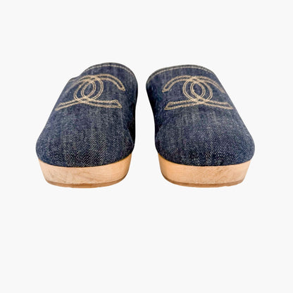Chanel Denim CC Clogs Blue Platform Size 41