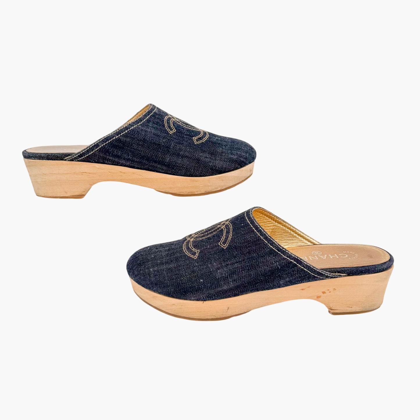 Chanel Denim CC Clogs Blue Platform Size 41