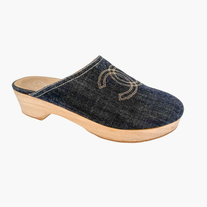 Chanel Denim CC Clogs Blue Platform Size 41