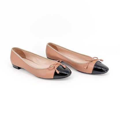 Prada Cap Toe Ballet Flats Beige Black Leather Size 38