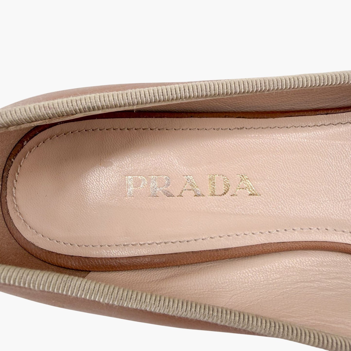 Prada Cap Toe Ballet Flats Beige Black Leather Size 38