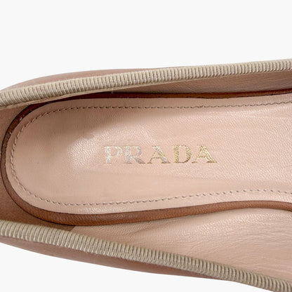 Prada Cap Toe Ballet Flats Beige Black Leather Size 38