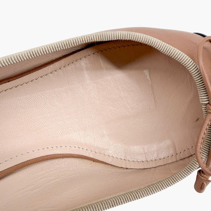 Prada Cap Toe Ballet Flats Beige Black Leather Size 38