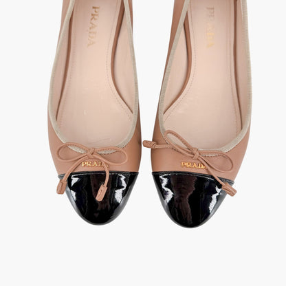 Prada Cap Toe Ballet Flats Beige Black Leather Size 38
