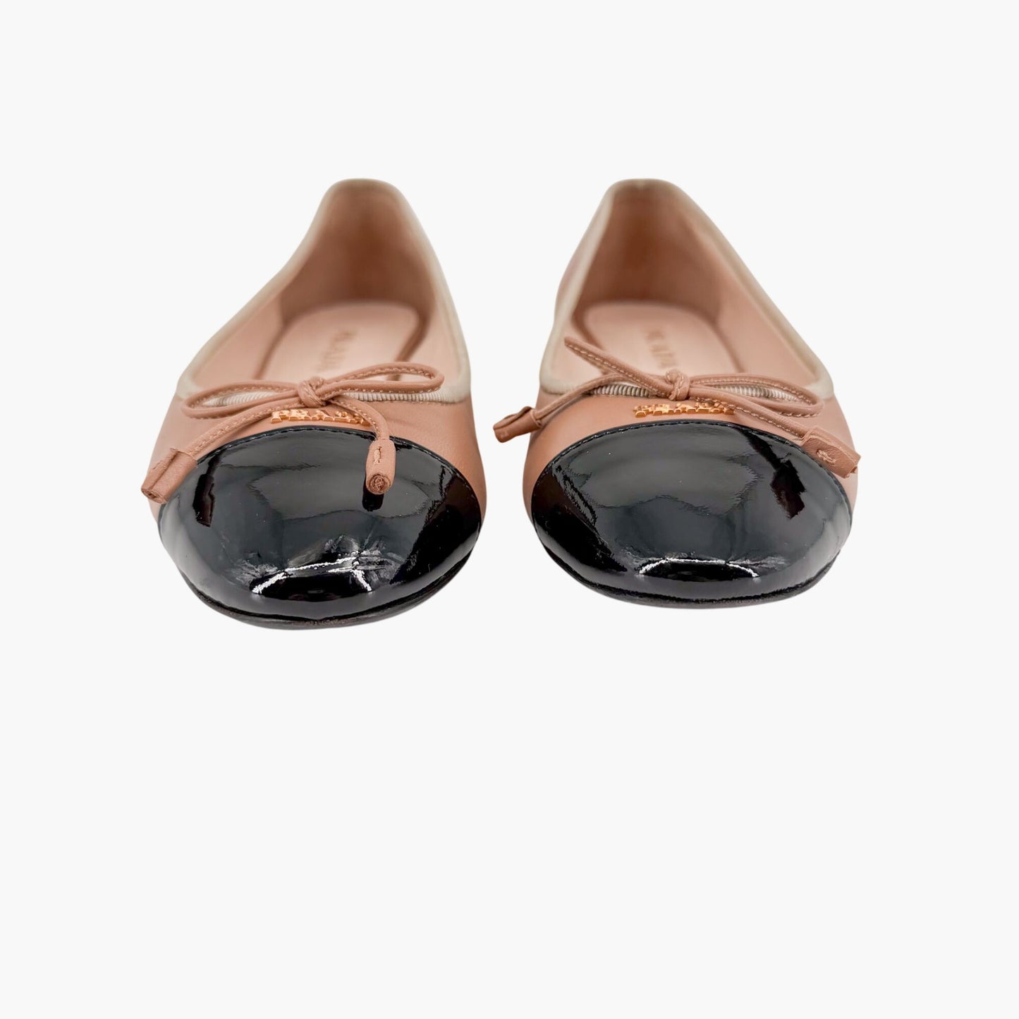 Prada Cap Toe Ballet Flats Beige Black Leather Size 38