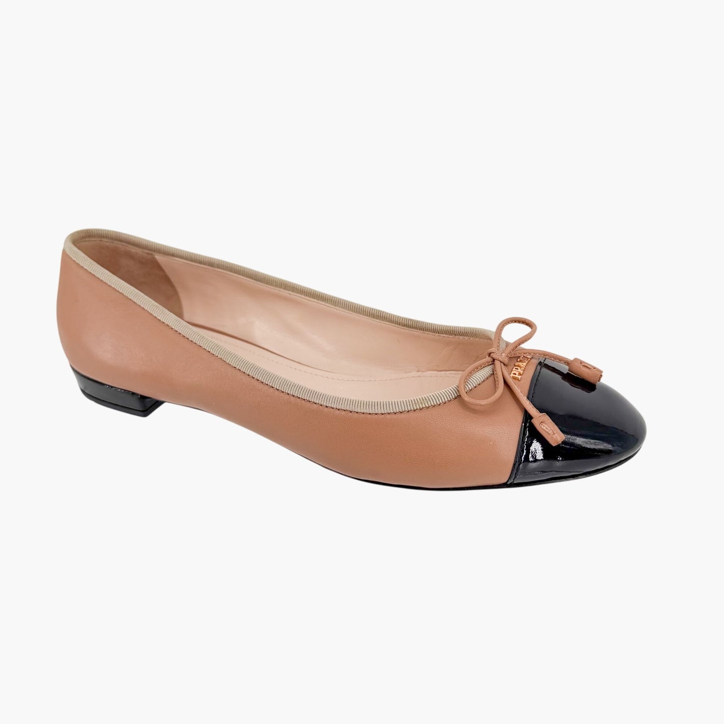 Prada Cap Toe Ballet Flats Beige Black Leather Size 38