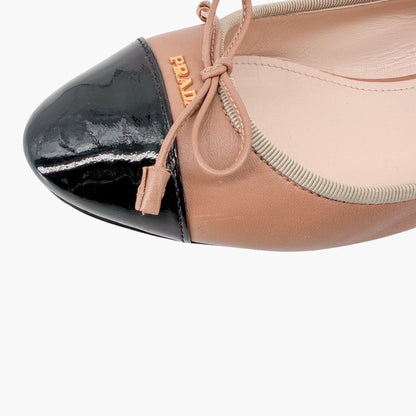 Prada Cap Toe Ballet Flats Beige Black Leather Size 38