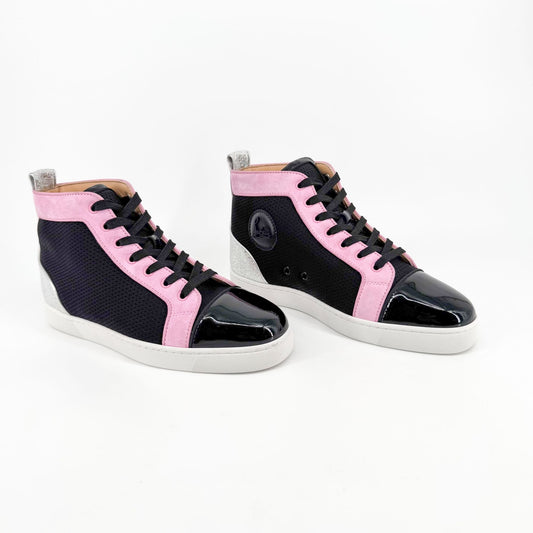 Christian Louboutin Louis Orlato High-Top Sneakers in Black Mesh & Pink Suede – Size 39.5