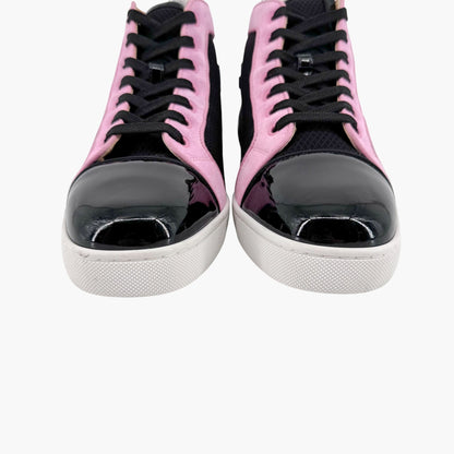 Christian Louboutin Louis Orlato High-Top Sneakers in Black Mesh & Pink Suede – Size 39.5