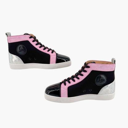 Christian Louboutin Louis Orlato High-Top Sneakers in Black Mesh & Pink Suede – Size 39.5