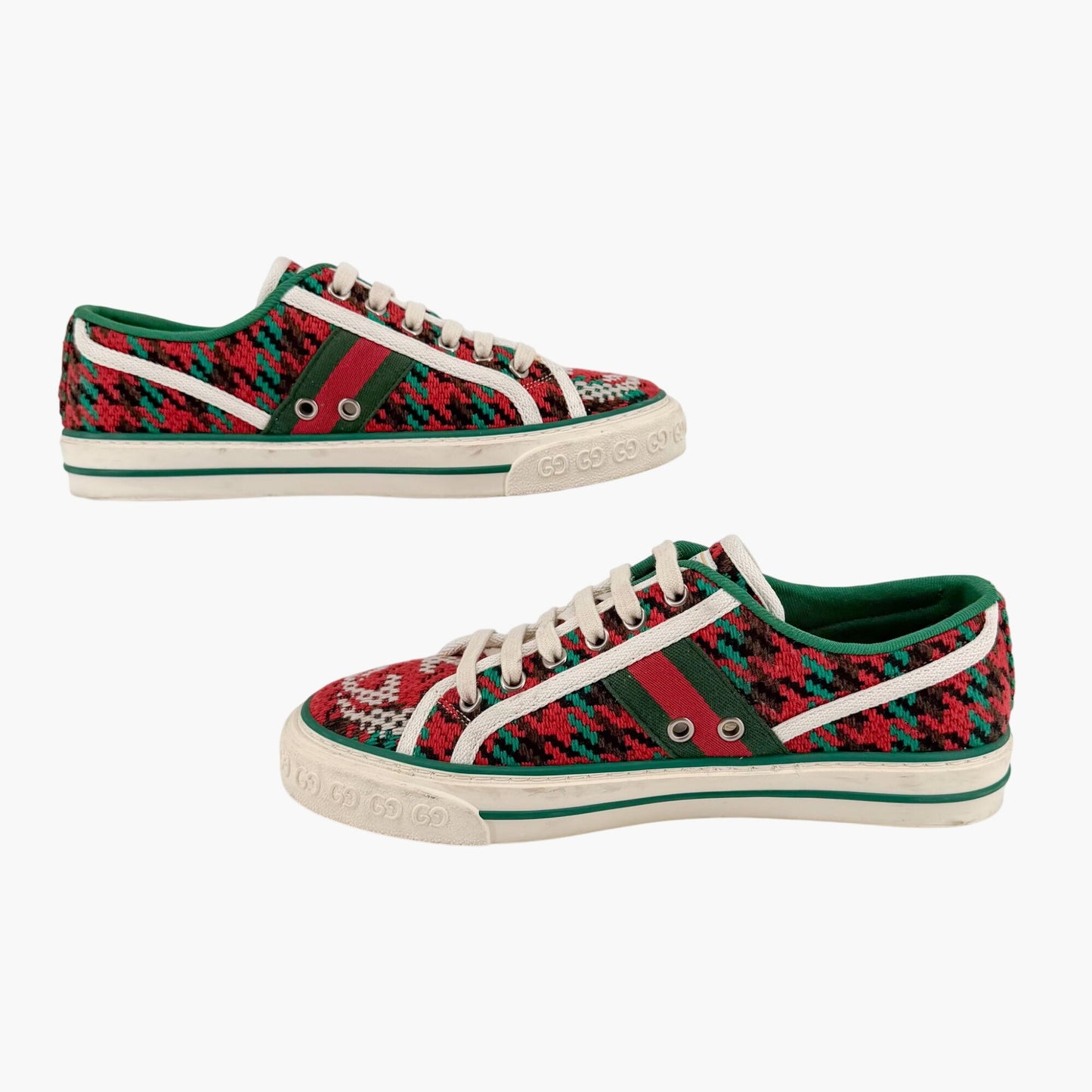Gucci Tennis 1977 Houndstooth Sneakers in Red & Green Fabric Size 37.5