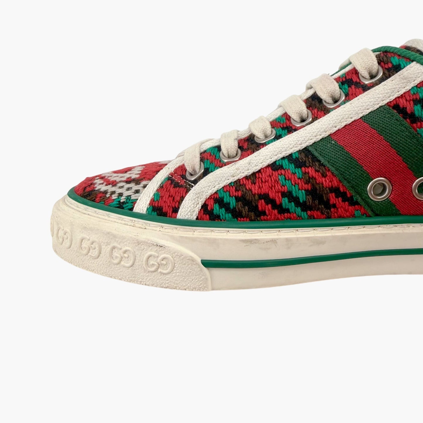 Gucci Tennis 1977 Houndstooth Sneakers in Red & Green Fabric Size 37.5