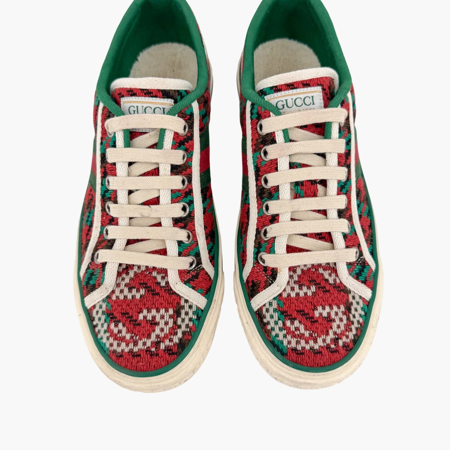 Gucci Tennis 1977 Houndstooth Sneakers in Red & Green Fabric Size 37.5