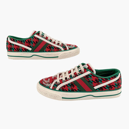 Gucci Tennis 1977 Houndstooth Sneakers in Red & Green Fabric Size 37.5