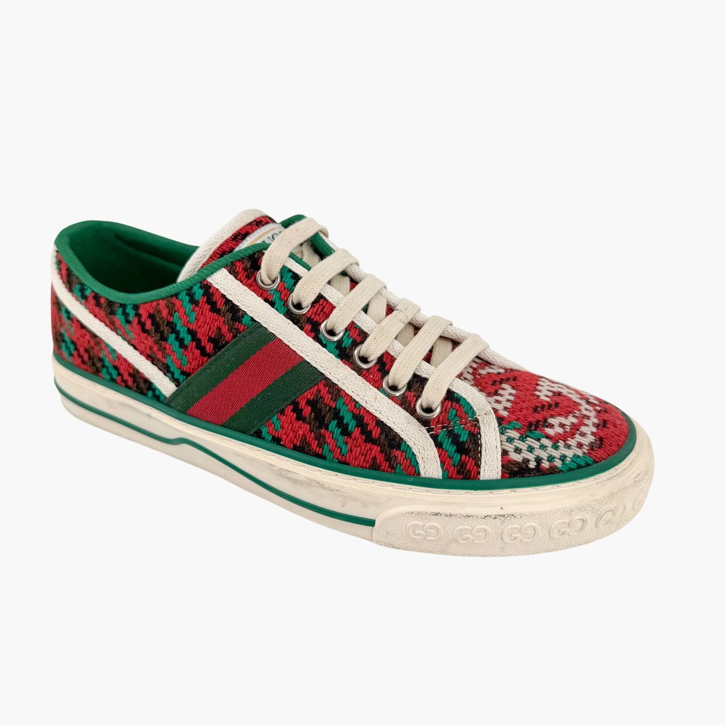 Gucci Tennis 1977 Houndstooth Sneakers in Red & Green Fabric Size 37.5