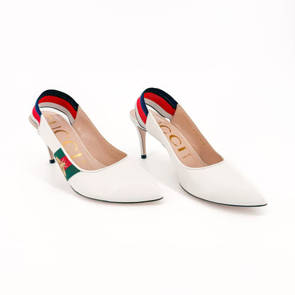 Gucci Sylvie Bee Embroidered Slingback Pumps in White Leather Size 37.5