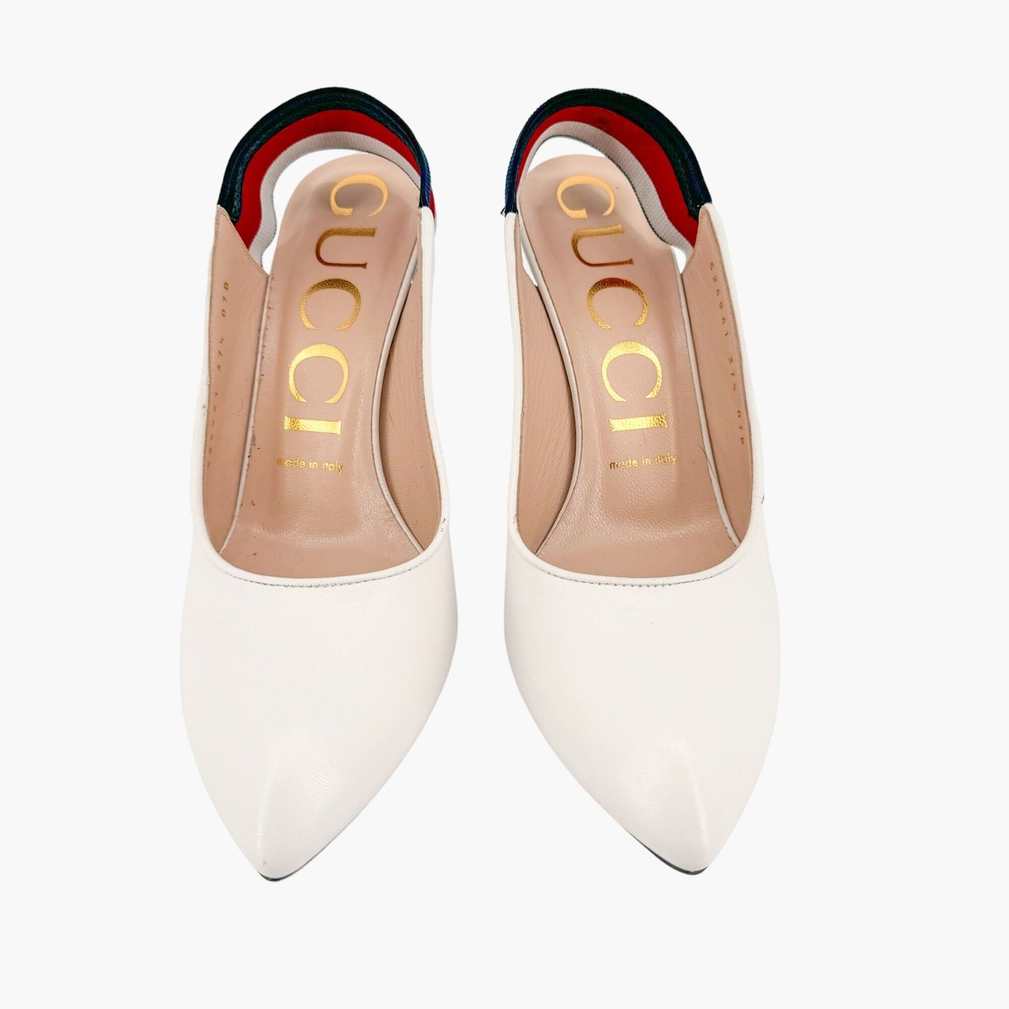 Gucci Sylvie Bee Embroidered Slingback Pumps in White Leather Size 37.5