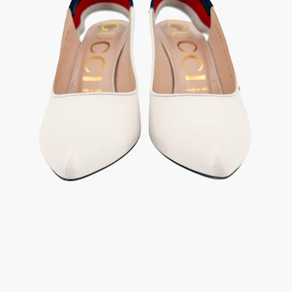 Gucci Sylvie Bee Embroidered Slingback Pumps in White Leather Size 37.5